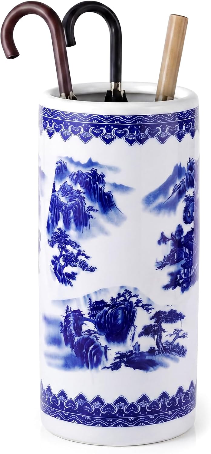 Sawysine Blue White Ceramic Umbrella Stand with Landscape Design
