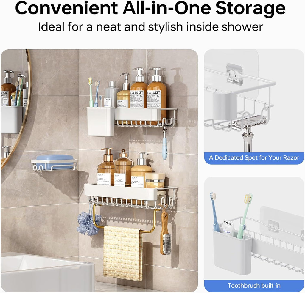 KINGRACK Shower Caddy Adhesive 4-Piece Rust-Resistant Shower Shelves, No-Drill Bathroom Shower Organizer with Large Capacity for Bathroom, Kitchen, and Laundry,White
