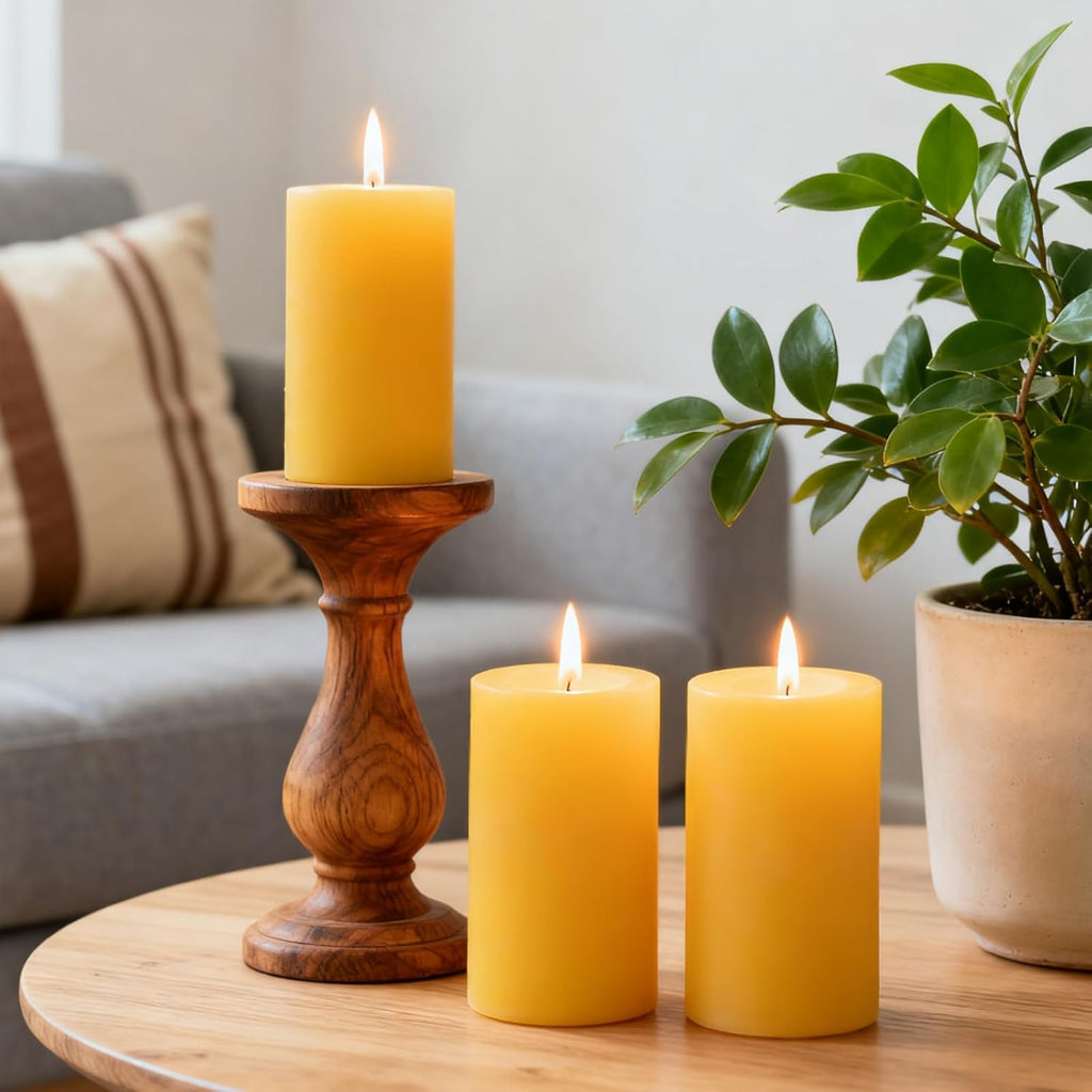 3 inch Thick Natural Yellow Beeswax Pillar Candles, 6 inch Tall - 3 Pack