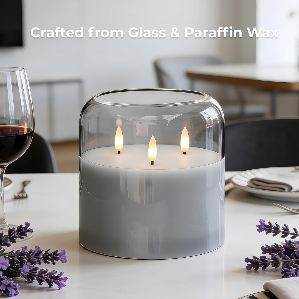 3 Wick Flameless Candle with Remote, Gray Glass, Wax, Battery Operated LED