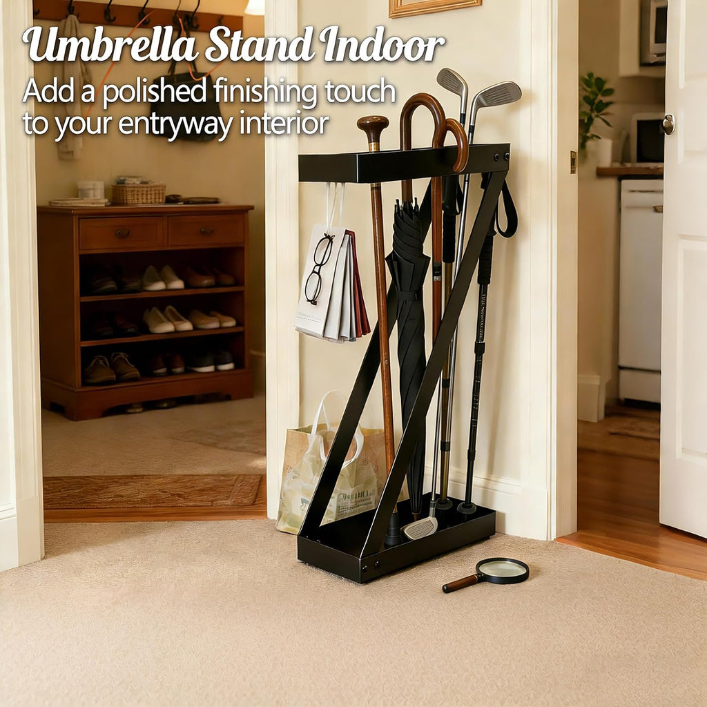 Umbrella Holder for Entryway, Black Indoor Umbrella Stand with Hooks,Metal Umbrella Storage Rack Ideal for Home Office Hotel Lobby