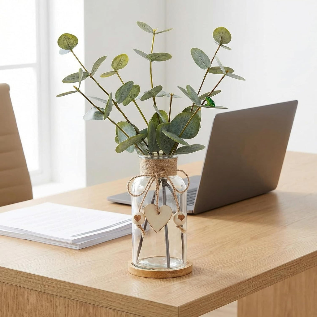 Artificial Eucalyptus Greenery Stems in Glass Vase,15" Doule Side 3D Fake Plants Eucalyptus Leaves faux Greenery for Centerpiece Table Decorations Home Room Decor office Desk Green Decor (Clear)