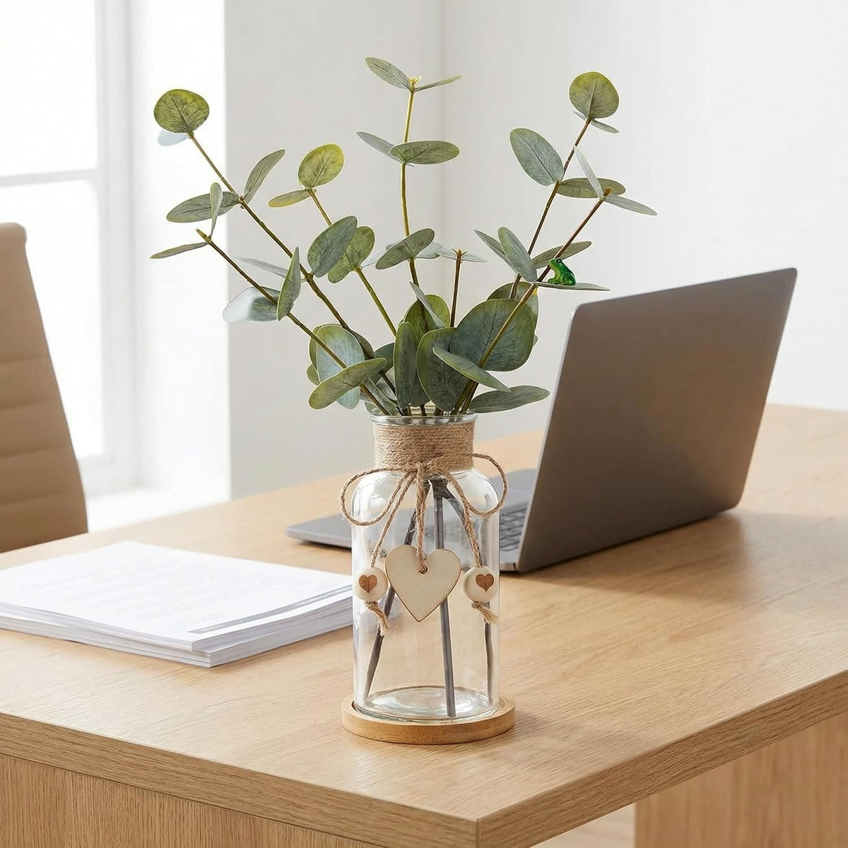 Artificial Eucalyptus Greenery Stems in Glass Vase,15" Doule Side 3D Fake Plants Eucalyptus Leaves faux Greenery for Centerpiece Table Decorations Home Room Decor office Desk Green Decor (Clear)