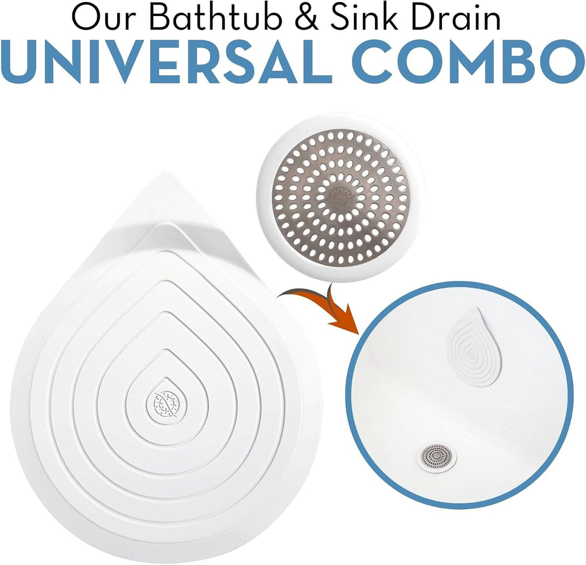 Drain Hair Catcher & Stopper Combo – Tub ShowerRing + StopRing Set for Bathtub & Sink | Stainless Steel Strainer + Silicone Drain Plug | Clog-Free, Universal Fit (White, 2 Pack)