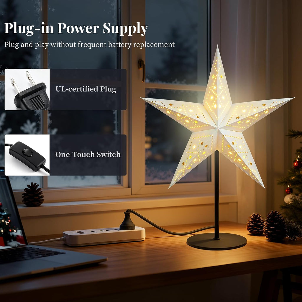 Lewondr 3D Christmas Paper Star Table Lamp, 17.72" 5-Pointed Xmas Star