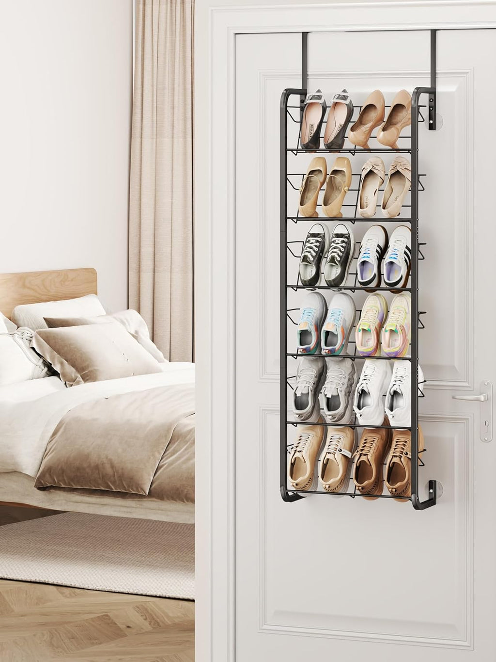 SWTYMIKI Over the Door Shoe Organizer - 6 Tier Wall Mount Shoe Rack for Door Storage- Heavy Duty Metal Hanging Shoes Shelf for Flats, Heels, Sneakers, Boots Black