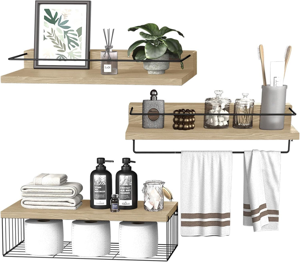 PopiShelves 22.5 inches Bathroom Shelves Over Toilet for Wall, Floating Shelves with Storage Basket Paper Holer for Kitchen Living Room, Bedroom & Classroom, Set of 3 (Nature Wood)