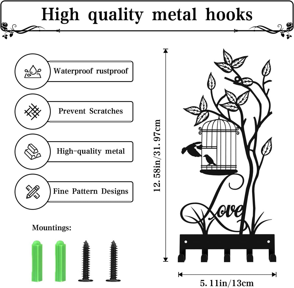 Key Holder for Wall, Metal Key Holder Hooks Organizer Rack, Key Organizer Wall Decorative with 5 Hooks for Entryway, Front Door, Hallway, Bedroom, Office (12 Inches, Birdcage)