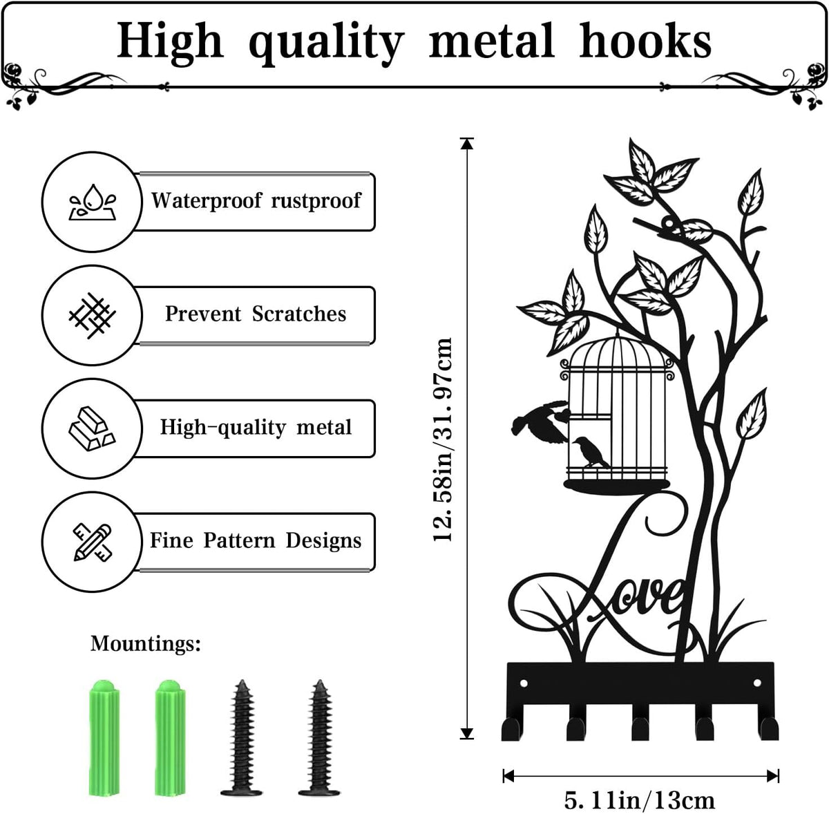 Key Holder for Wall, Metal Key Holder Hooks Organizer Rack, Key Organizer Wall Decorative with 5 Hooks for Entryway, Front Door, Hallway, Bedroom, Office (12 Inches, Birdcage)