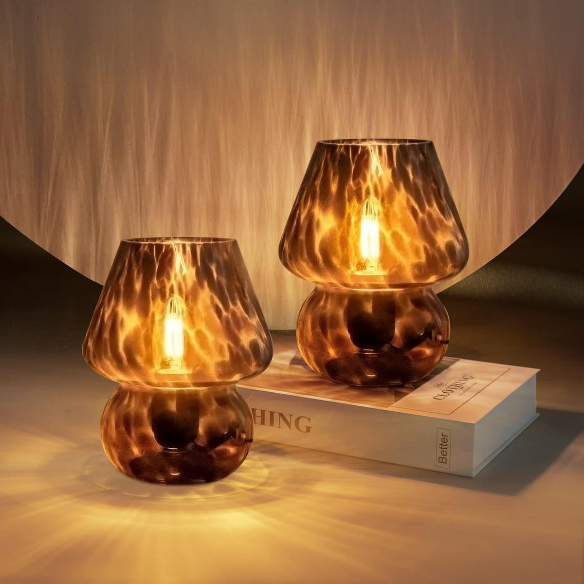 ONEWISH Mushroom Lamp Small Vintage Table Lamp for Bedroom Set of 2, Nightstand Bedside Lamp Translucent Glass Dimmable, Murano Aesthetic Home Decor for Living Room Kitchen Dorm(Black)