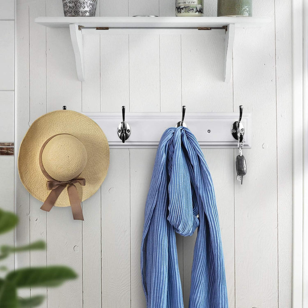 Coat Rack Wall Mounted White, 17" Wooden Modern Wall Coat Hanger with 4 Hooks, Heavy Duty Zinc Alloy Wall Hook Rack for Hanging Coats, Keys, Bags, Great Touch for Bedroom Bathroom Kitchen