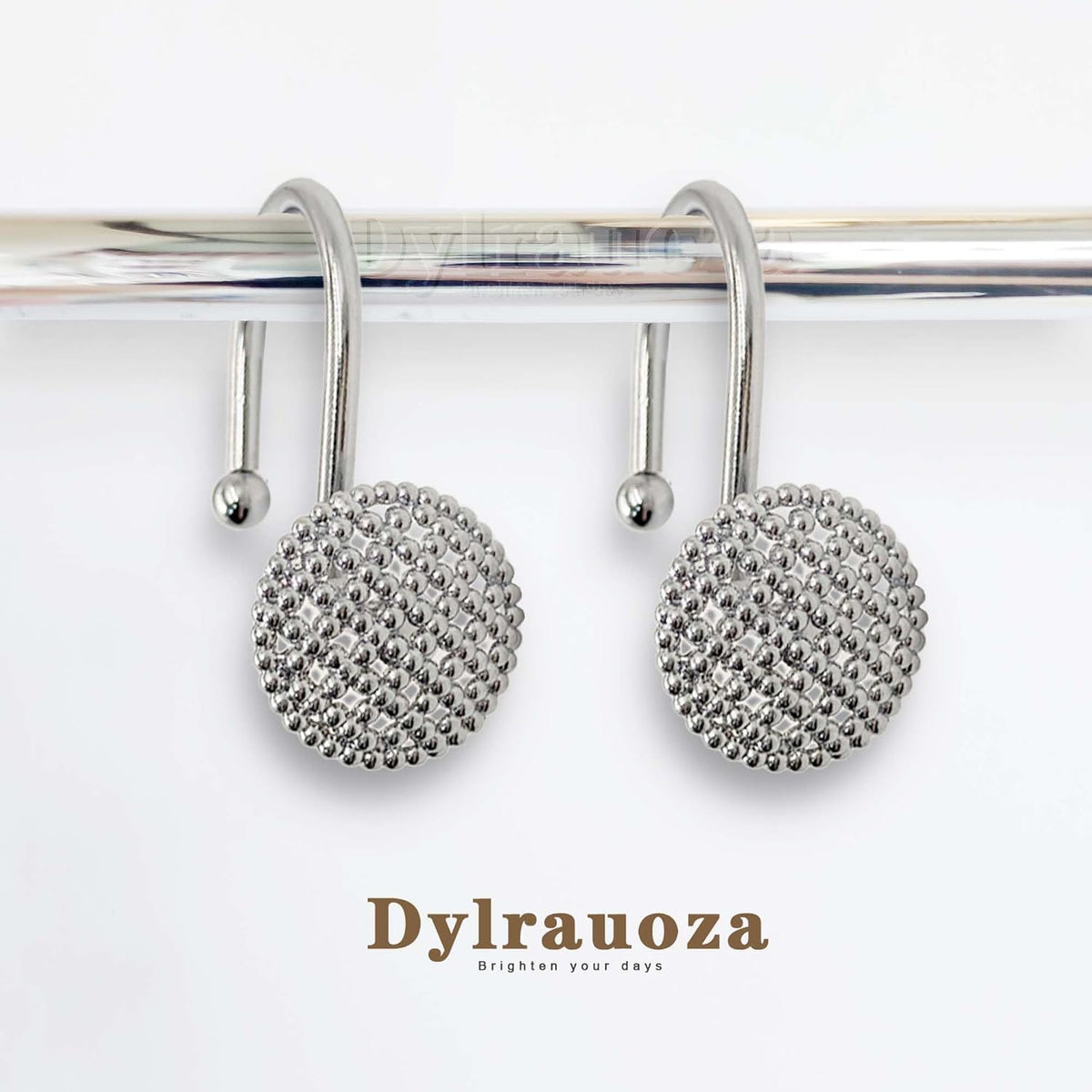 Silver Shower Curtain Hooks, 12 Pack Modern 3D Beaded Decorative Shower Curtain Rings, Rust Proof Heavy Duty Metal Shower Hangers for Bathroom Rods