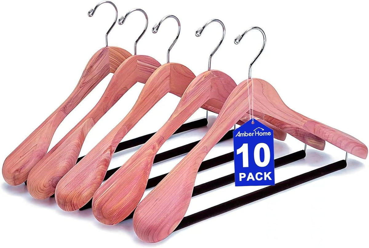 Amber Home 10 Pack Cedar Wood Suit Coat Hangers with Extra Wide Shoulder