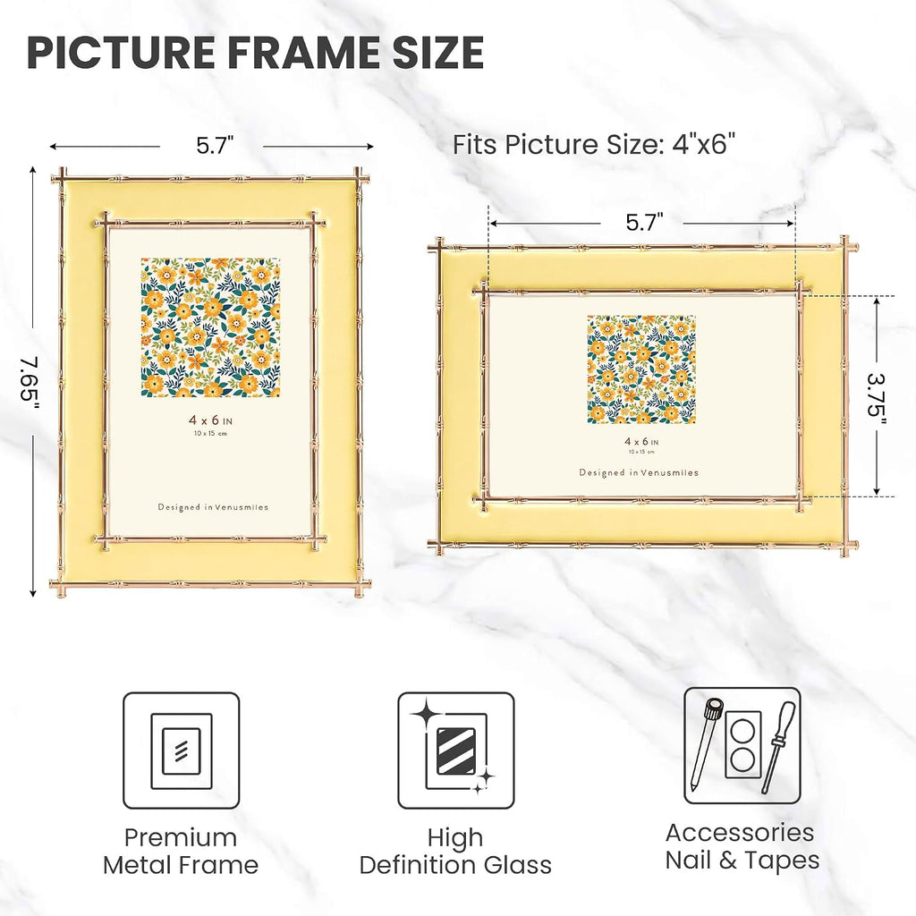 4x6 Picture Frame Yellow Enamel, Gold Bamboo Design Edge, Tabletop, 1pc