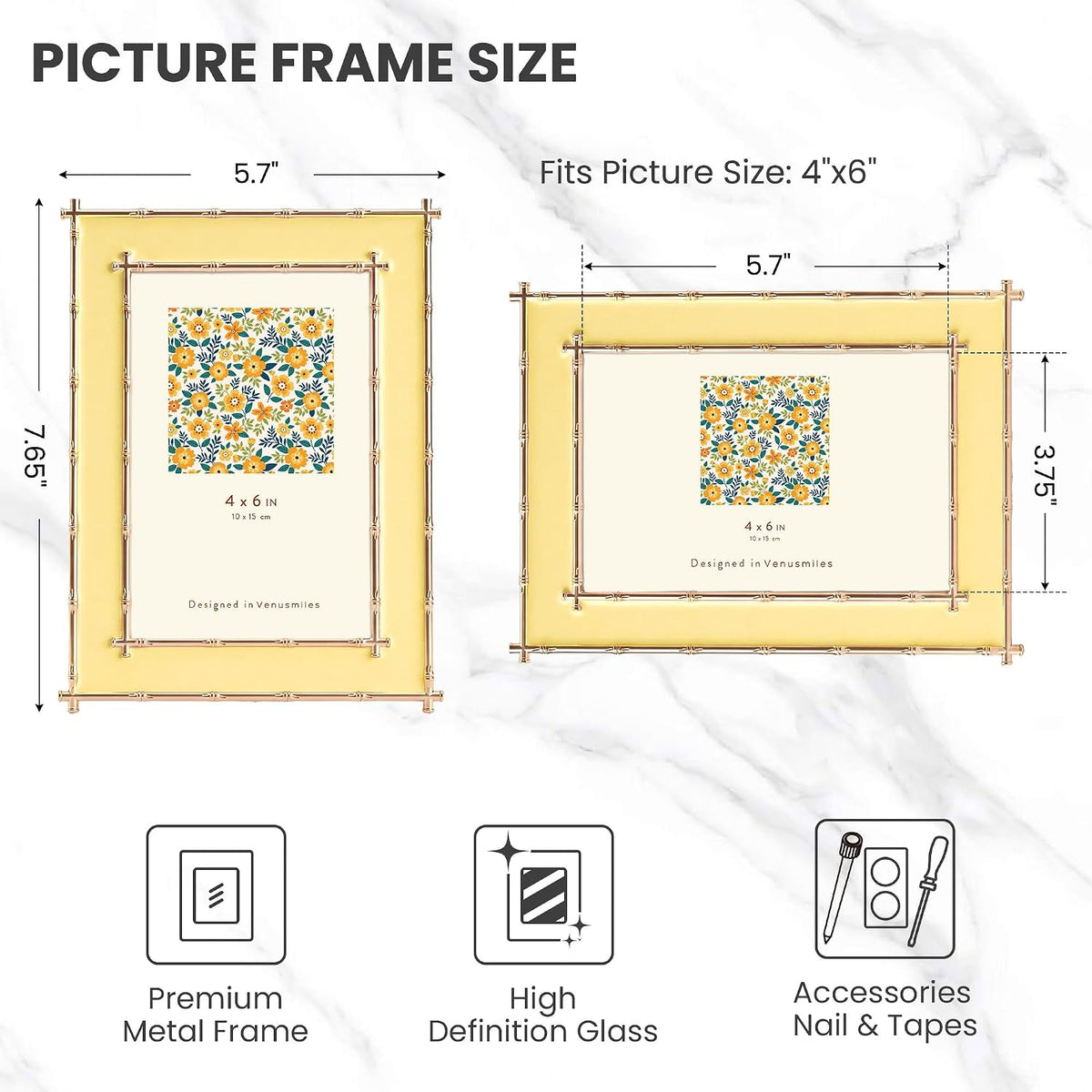4x6 Picture Frame Yellow Enamel, Gold Bamboo Design Edge, Tabletop, 1pc