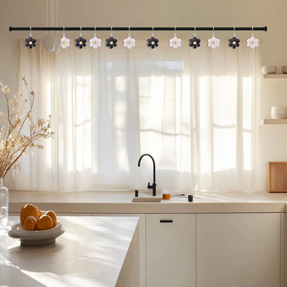 3D Floral Shower Curtain Hooks, 12 Pcs Rust Proof Resin Metal Hooks Shower Curtain Rod Rings, Ideal for Bathroom, Bedroom, Living Room Fun Home Decor (Black and White)