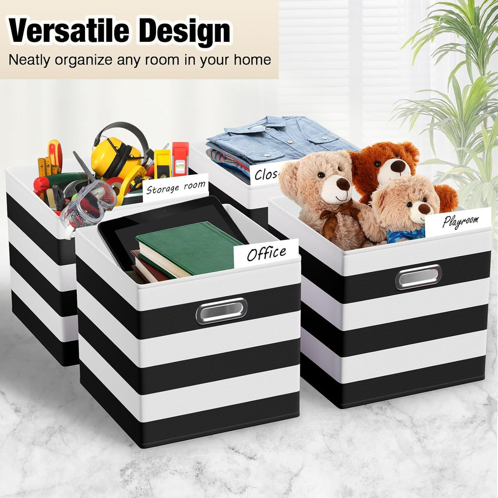 CroBlissful 13 Inch 6 Pcs Fabric Storage Cubes with Handle, Black and White