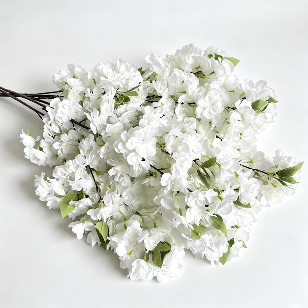 Artificial Cherry Blossom Branches, 5Pcs White Silk Faux Flowers, 33.5in
