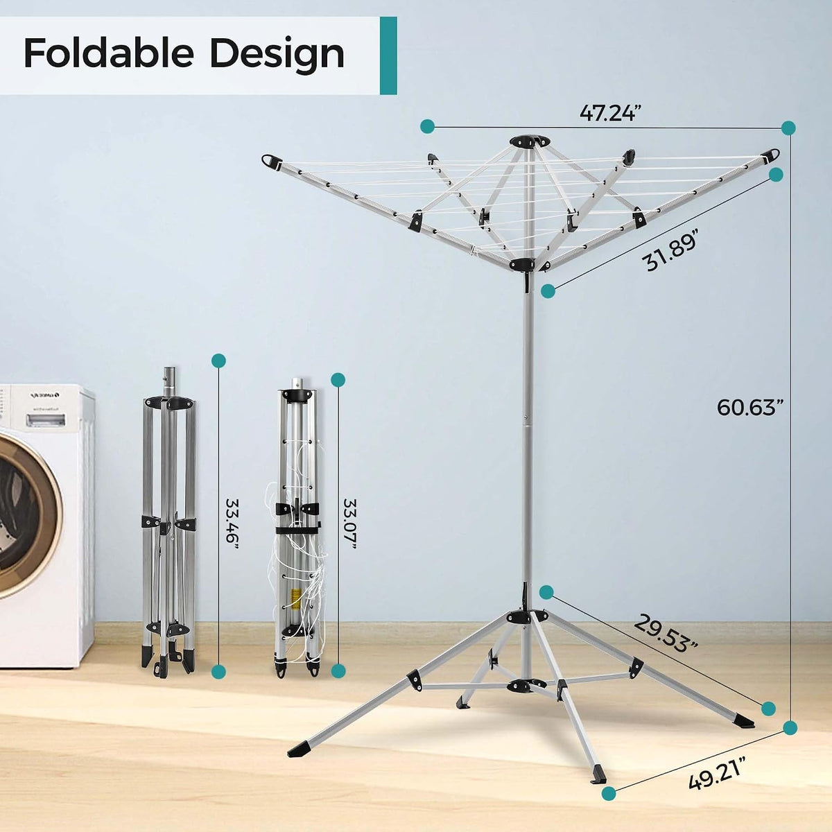 JS HANGER Indoor and Outdoor Portable Clothes Drying Rack with 4 Rotatable Arms for Hangers, 4 Legs, Collapsible Umbrella Laundry Air Dryer with 65 ft. of Hanging Space - Silver