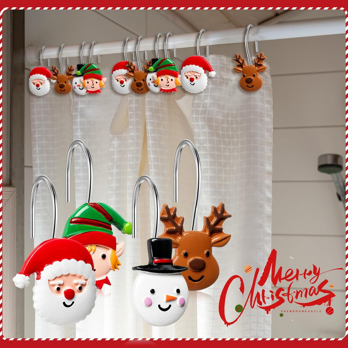 Yungyan 12 Pcs Christmas Shower Curtain Hooks Santa Claus Curtain Hangers