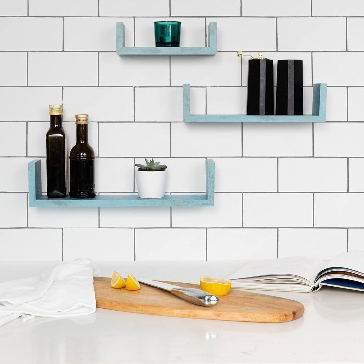 Greenco Set of 3 Floating “U” Shelves, Easy-to-Assemble Floating Wall Mount Shelves for Bedrooms and Living Rooms, Rustic Blue Finish