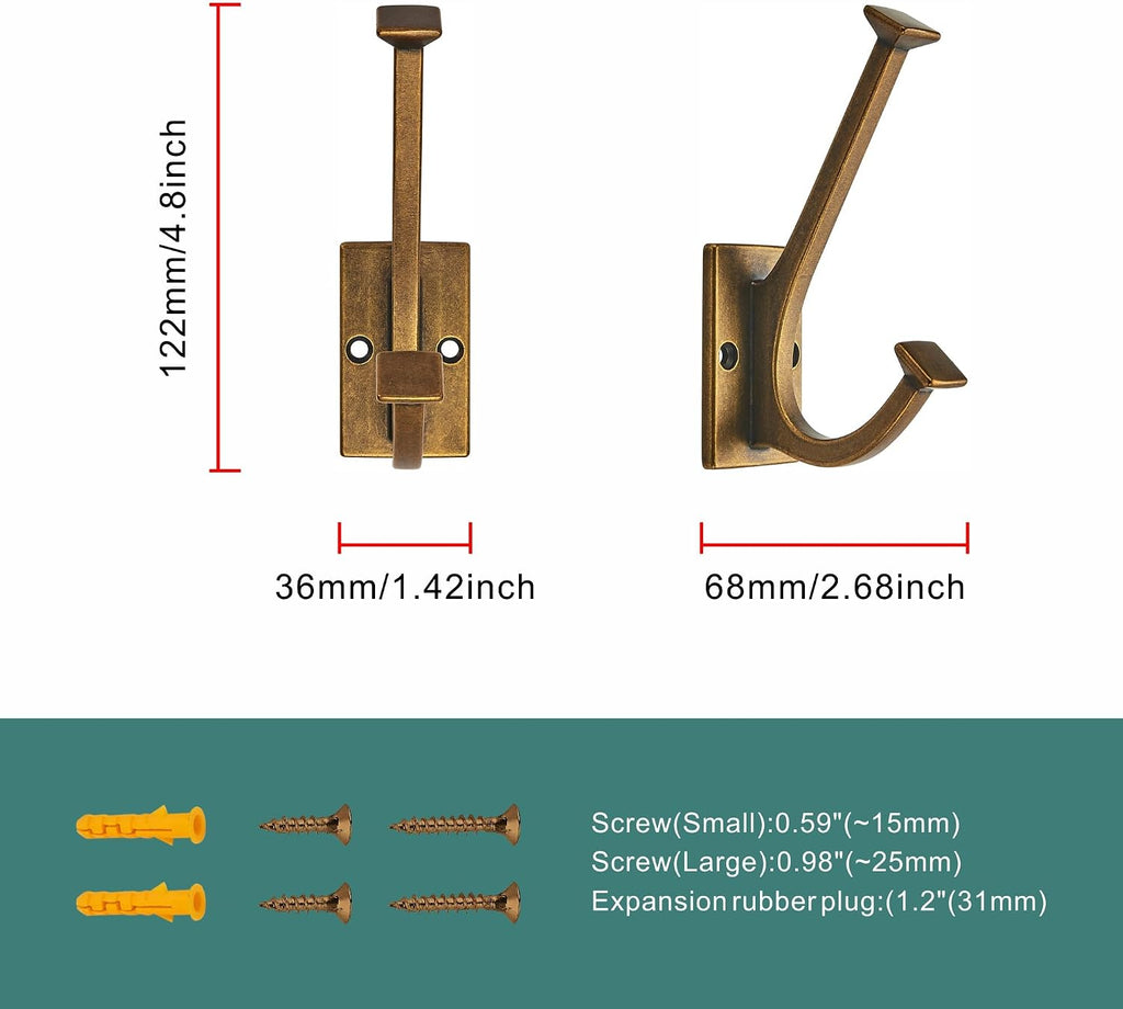 AVICCI 5 Pack Coat Hooks Antique Brass Wall Hooks for Bathroom Kitchen Towel Robe Towel Hooks Decorative Wall