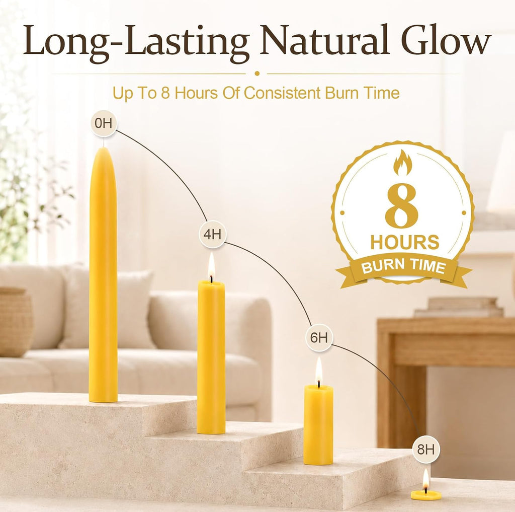 6 Pack 8 Inch 100% Pure Natural Beeswax Taper Candles