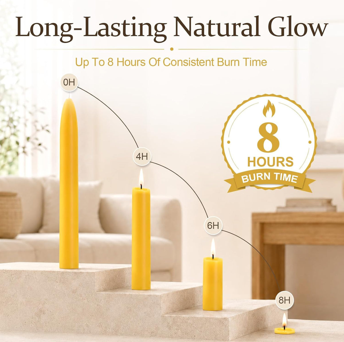 6 Pack 8 Inch 100% Pure Natural Beeswax Taper Candles