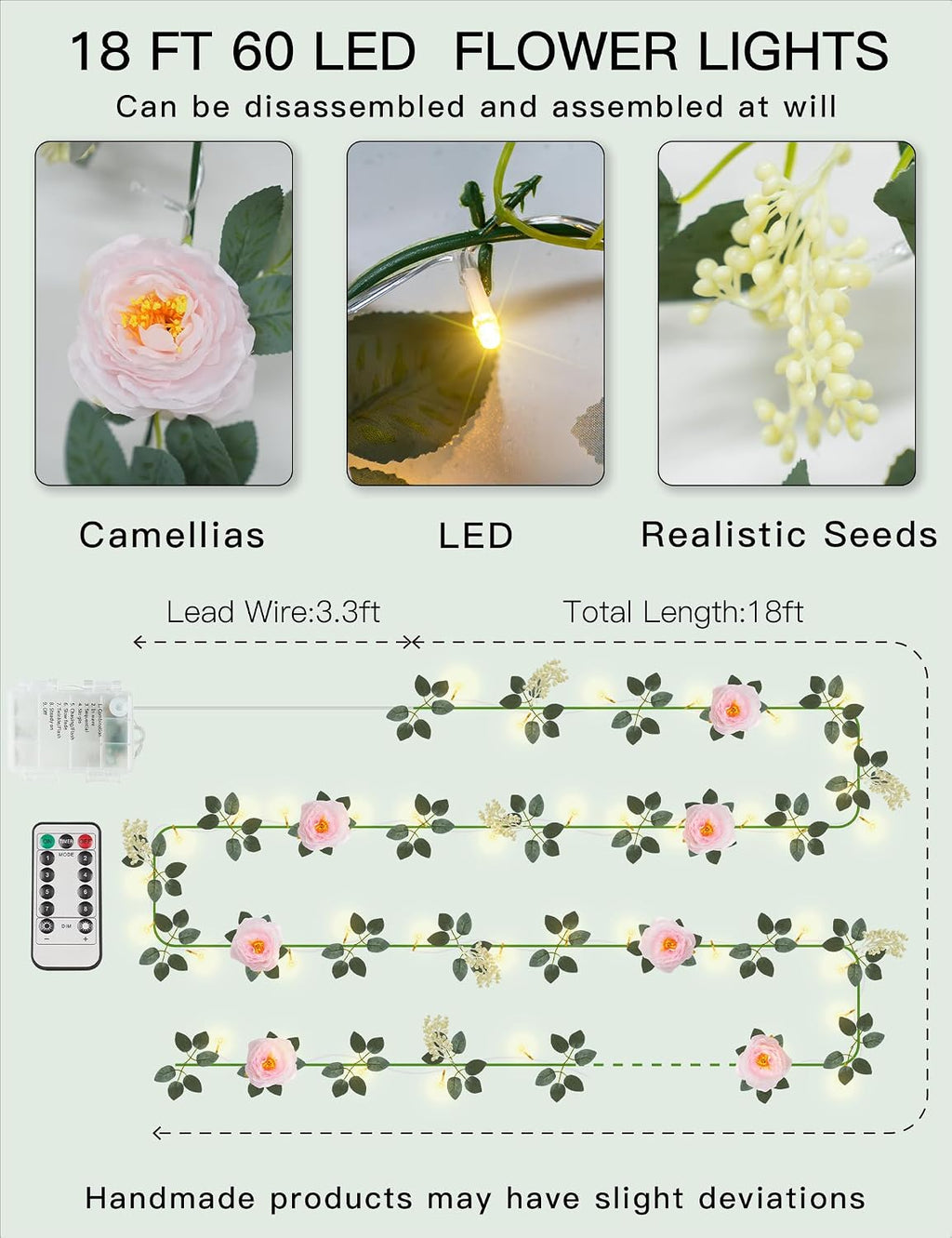 suddus 60LED Garland with Pink Camellia Lights Battery Operated Clear Wire