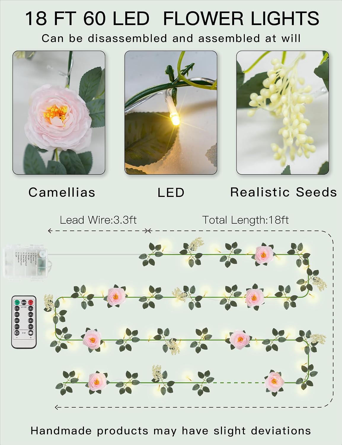 suddus 60LED Garland with Pink Camellia Lights Battery Operated Clear Wire
