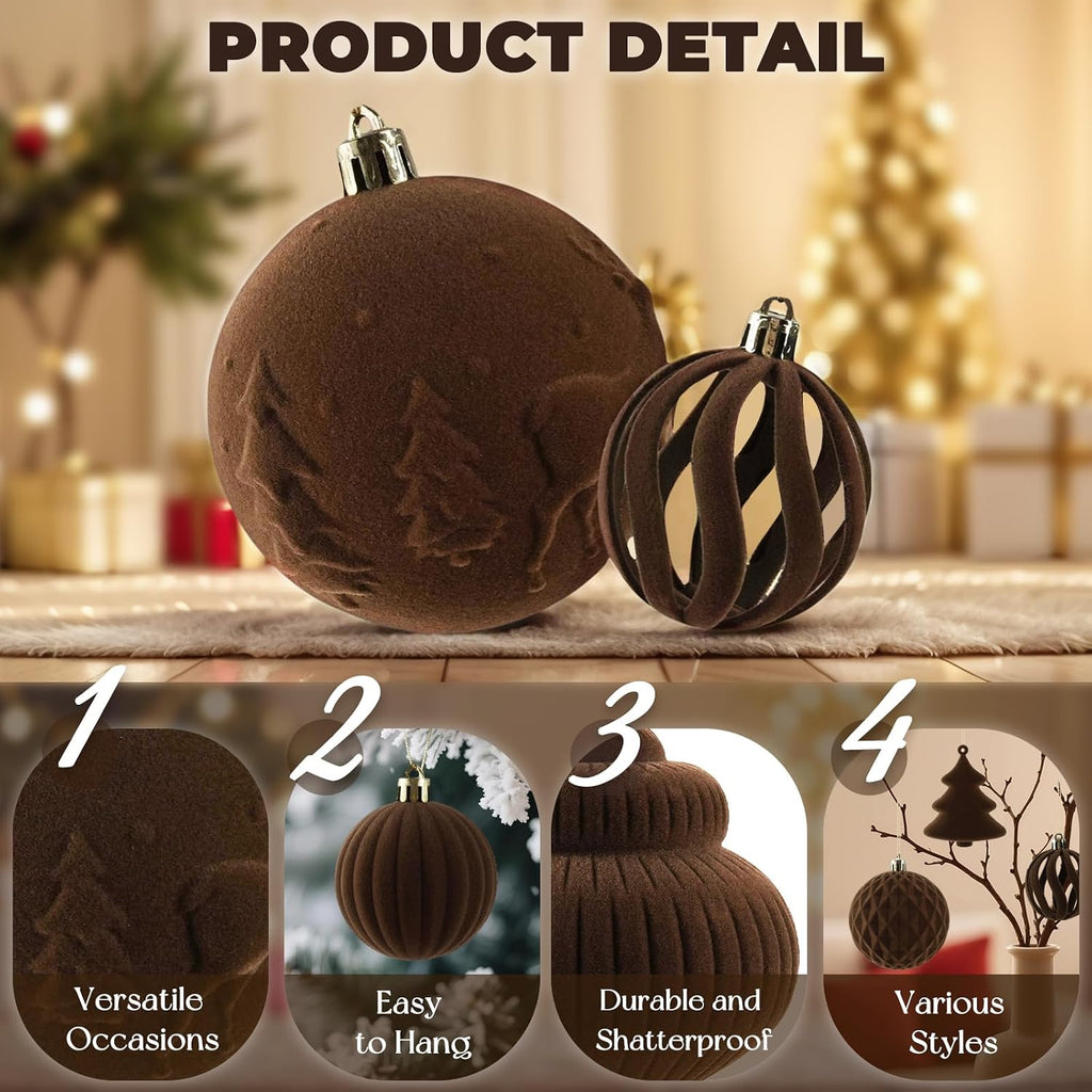 18Pcs Velvet Christmas Tree Ornaments Set, Brown Flocked Hanging Christmas Balls Ornaments, Shatterproof Decorative Hanging Balls Vintage Decorations Assortment for Xmas Tree Holiday Home Party Decor