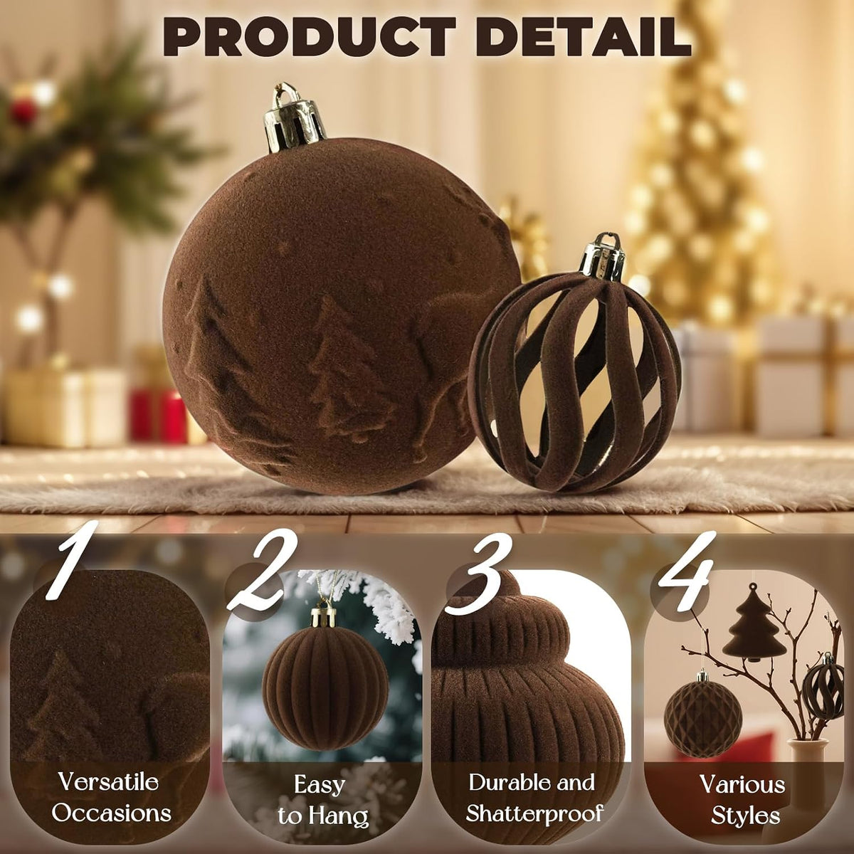 18Pcs Velvet Christmas Tree Ornaments Set, Brown Flocked Hanging Christmas Balls Ornaments, Shatterproof Decorative Hanging Balls Vintage Decorations Assortment for Xmas Tree Holiday Home Party Decor