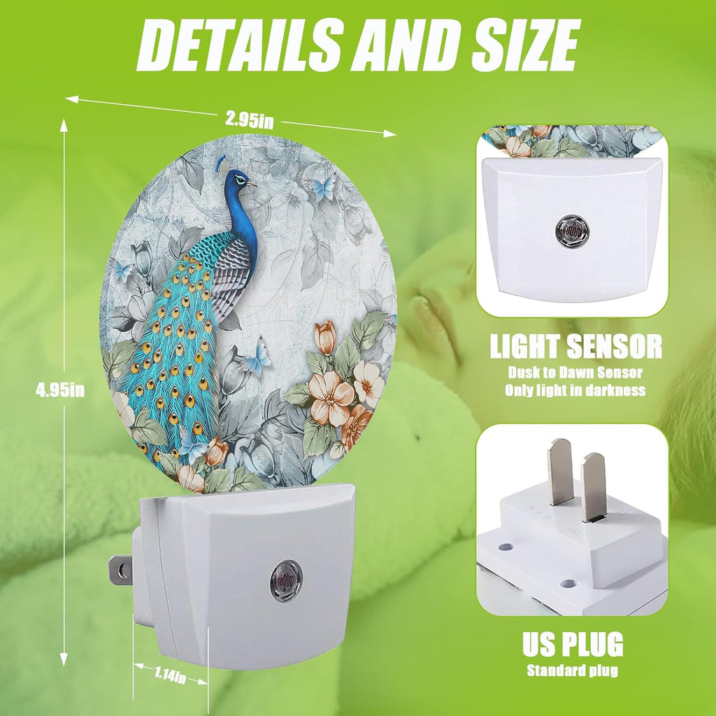 Peacock Night Light,Plug-in Night Lights with Dusk-to-Dawn Sensor for Bedroom Bathroom and Living Room Sleep Friendly lamp