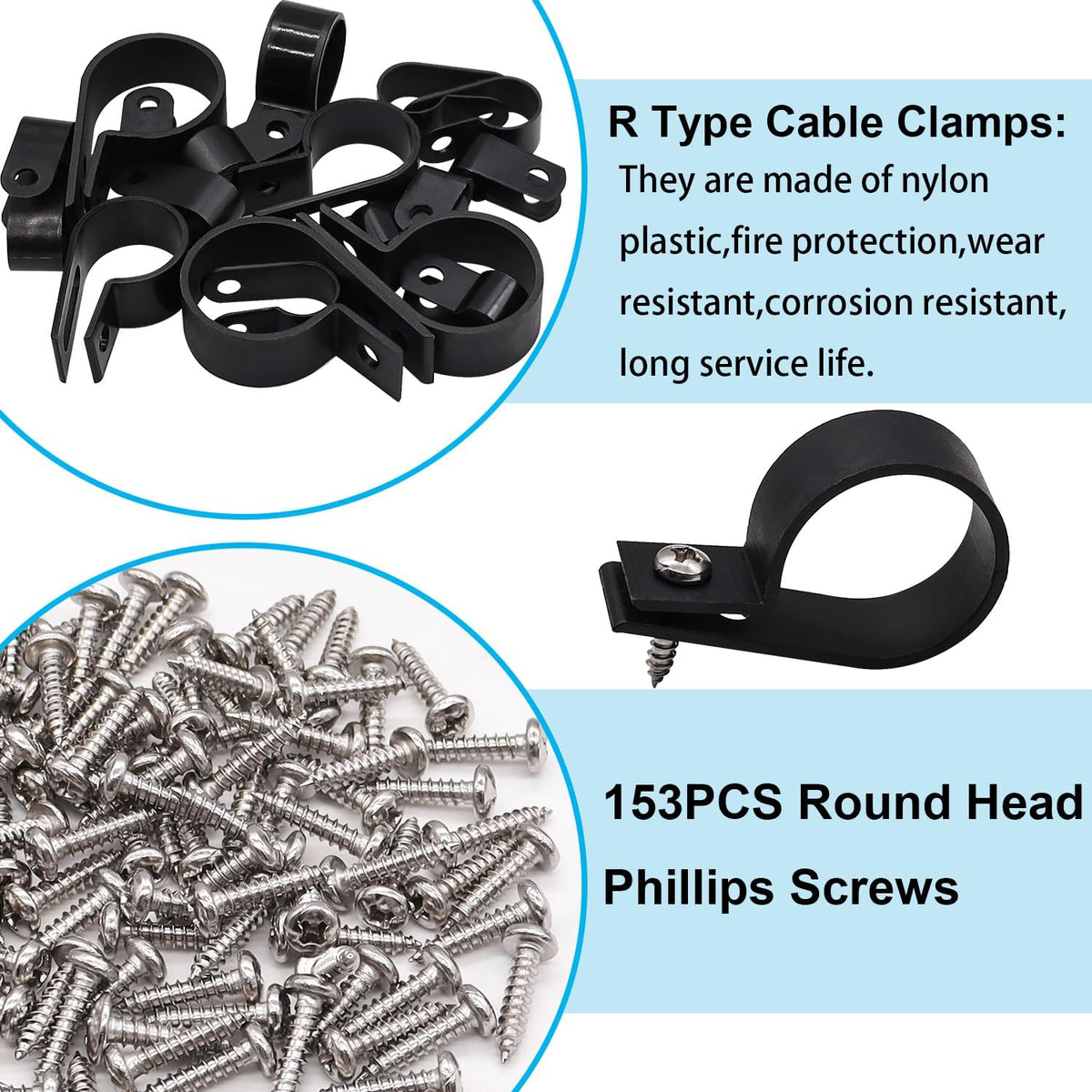 TWTADE 306PCS Black Cable Clamps Nylon Plastic R-Type 6 Sizes 3/16'' 1/4'' 3/8'' 1/2'' 3/4'' 1'' Cable Mounting Wire Clips Assortment Kit with Screws for Wire Management H-049