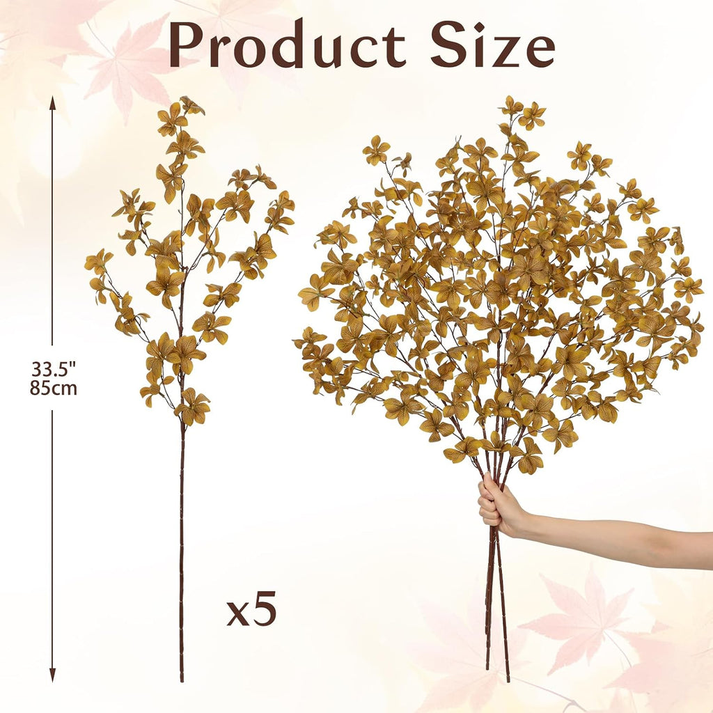 33.5" Long Artificial Fall Leaves Stems for Table Centerpieces, 5 Pcs Faux Fall Stems and Branches for Vase Filler, Falls Greenery Stems for Farmhouse Autumn Harvest Thanksgiving Decor, Deep Yellow