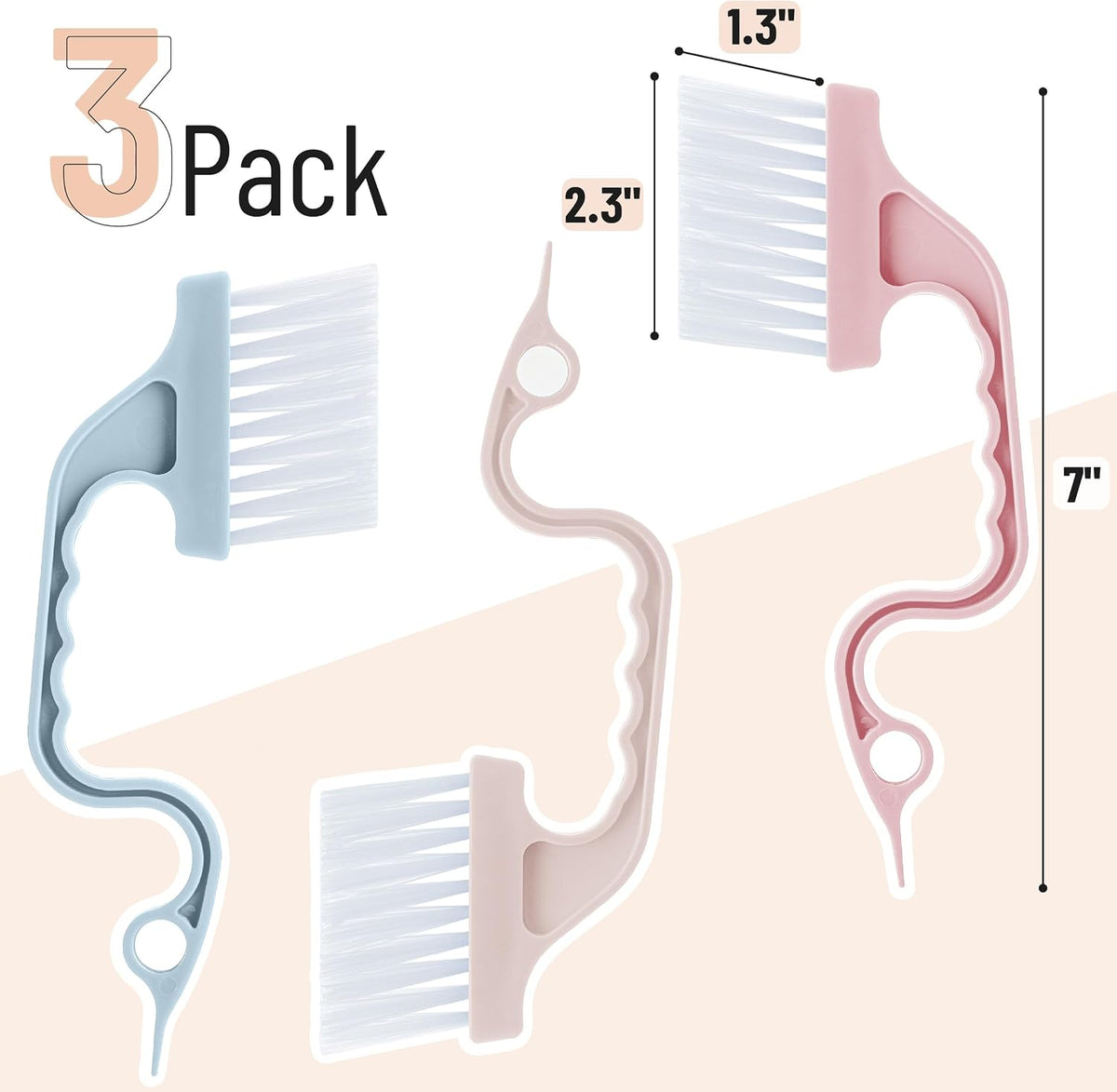 Slick- Window Track Cleaning Brush, 3 Pack, Colorful Ergonomic Handle, Built-in Scraper, Multipurpose, Window Track Cleaning Tools
