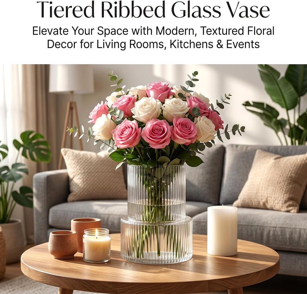 Ribbed Glass Cylinder Vase Set, Clear Modern Centerpiece