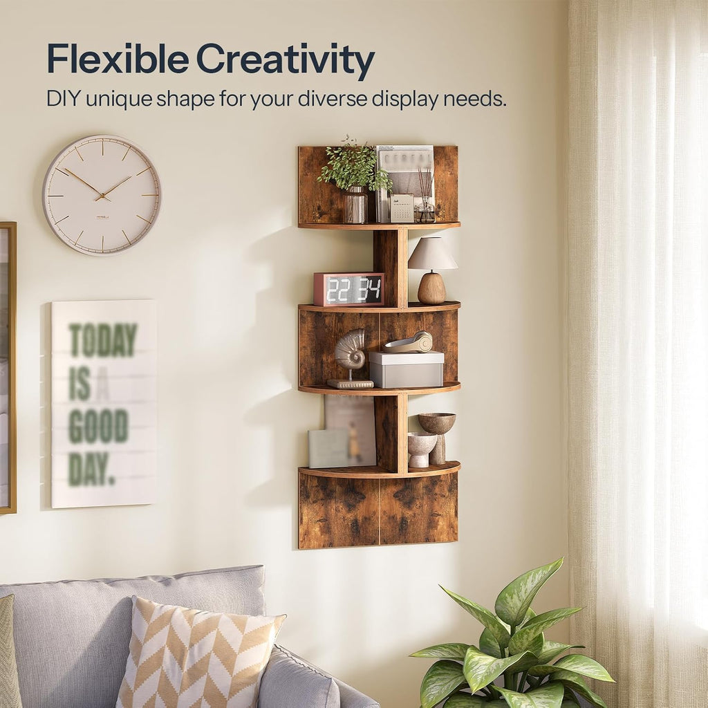HOOBRO Corner Shelf Wall-Mounted, Set of 2 Floating Corner Shelves for Wall, 4-Tier Corner Bookshelves Floating Shelf for Wall Corner Shelves for Living Room Bedroom Bathroom Home Office Rustic Brown