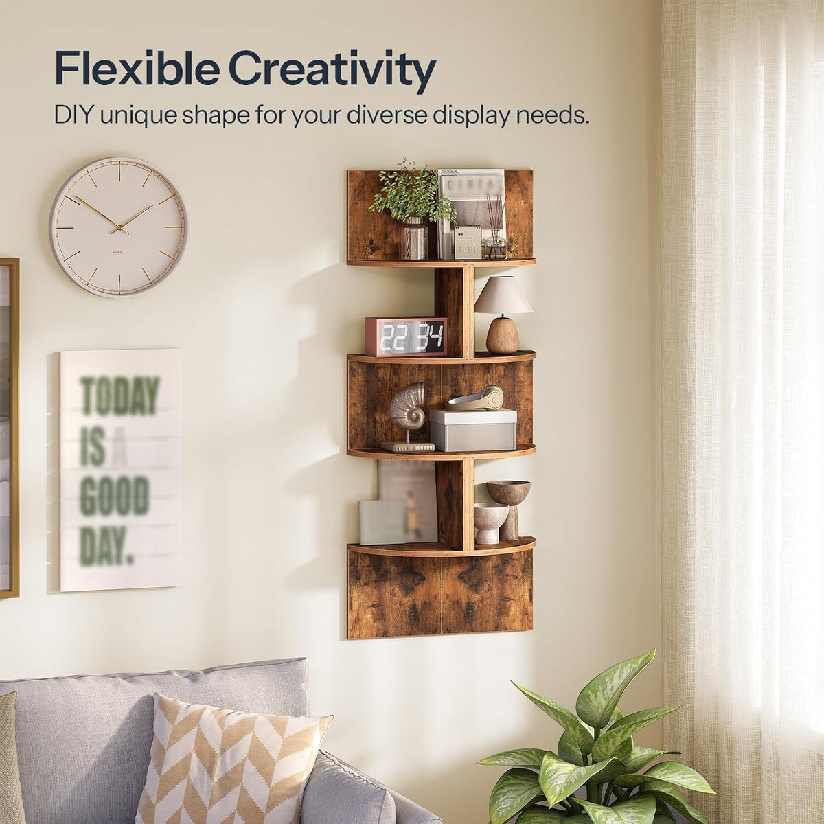 HOOBRO Corner Shelf Wall-Mounted, Set of 2 Floating Corner Shelves for Wall, 4-Tier Corner Bookshelves Floating Shelf for Wall Corner Shelves for Living Room Bedroom Bathroom Home Office Rustic Brown