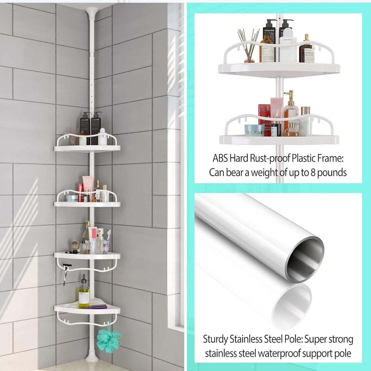 Shower Caddy Tension Pole with 4 ABS Baskets,Shower Storage Shelf with 56 to 125 Inch Adjustable Stainless Pole for Bathroom White
