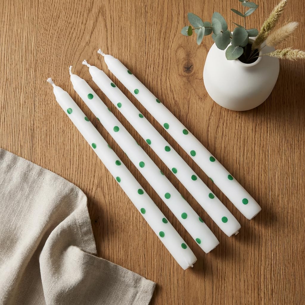 2 Pack Taper Candles, 10 Inch Unscented Candlesticks with Green Polka Dots for Holiday Table Centerpiece, Fireplace Mantel, Advent Wreaths, Winter Weddings, Home Decor