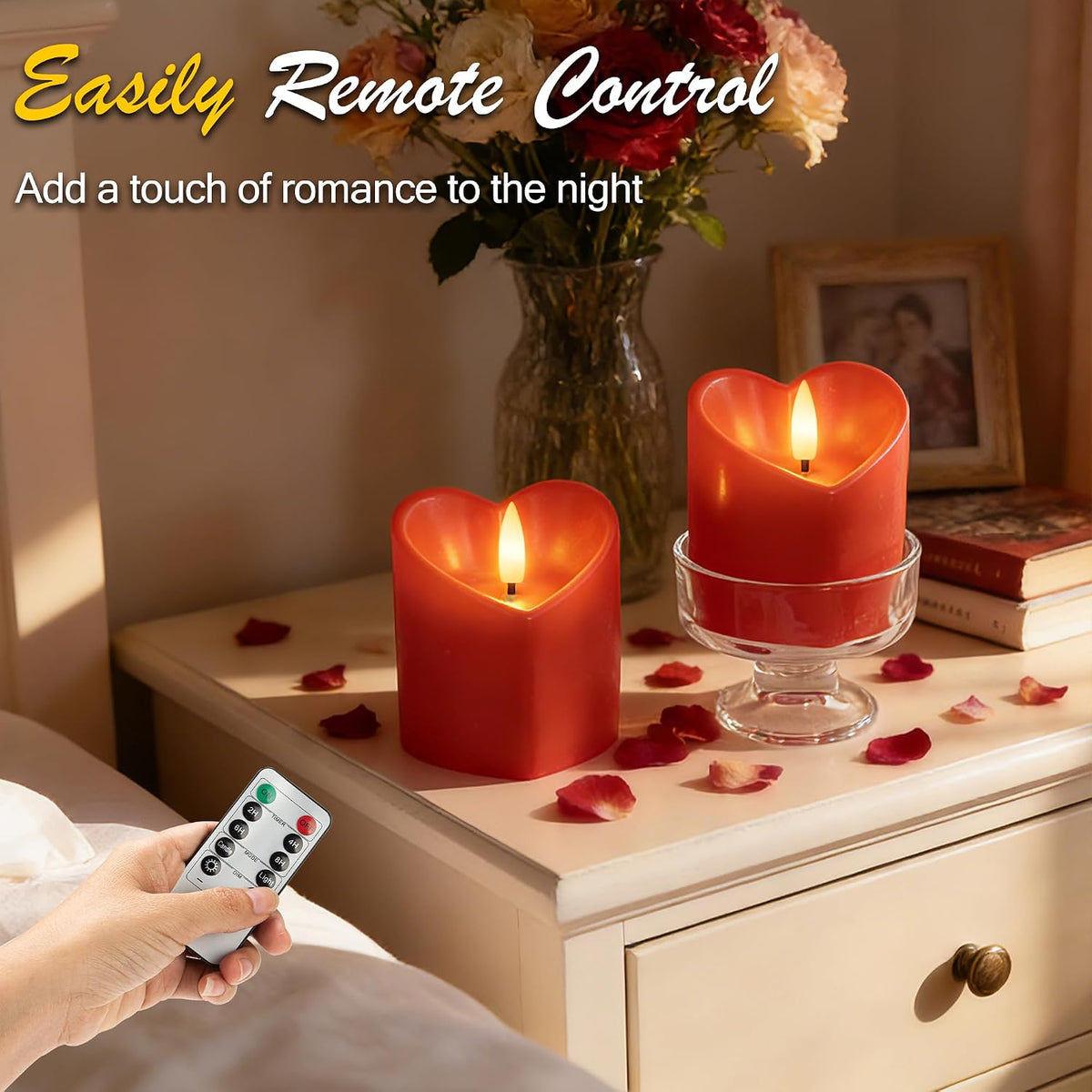 JOIONE Valentines Day Red Heart Flameless Candles with Remote, 2 Pack