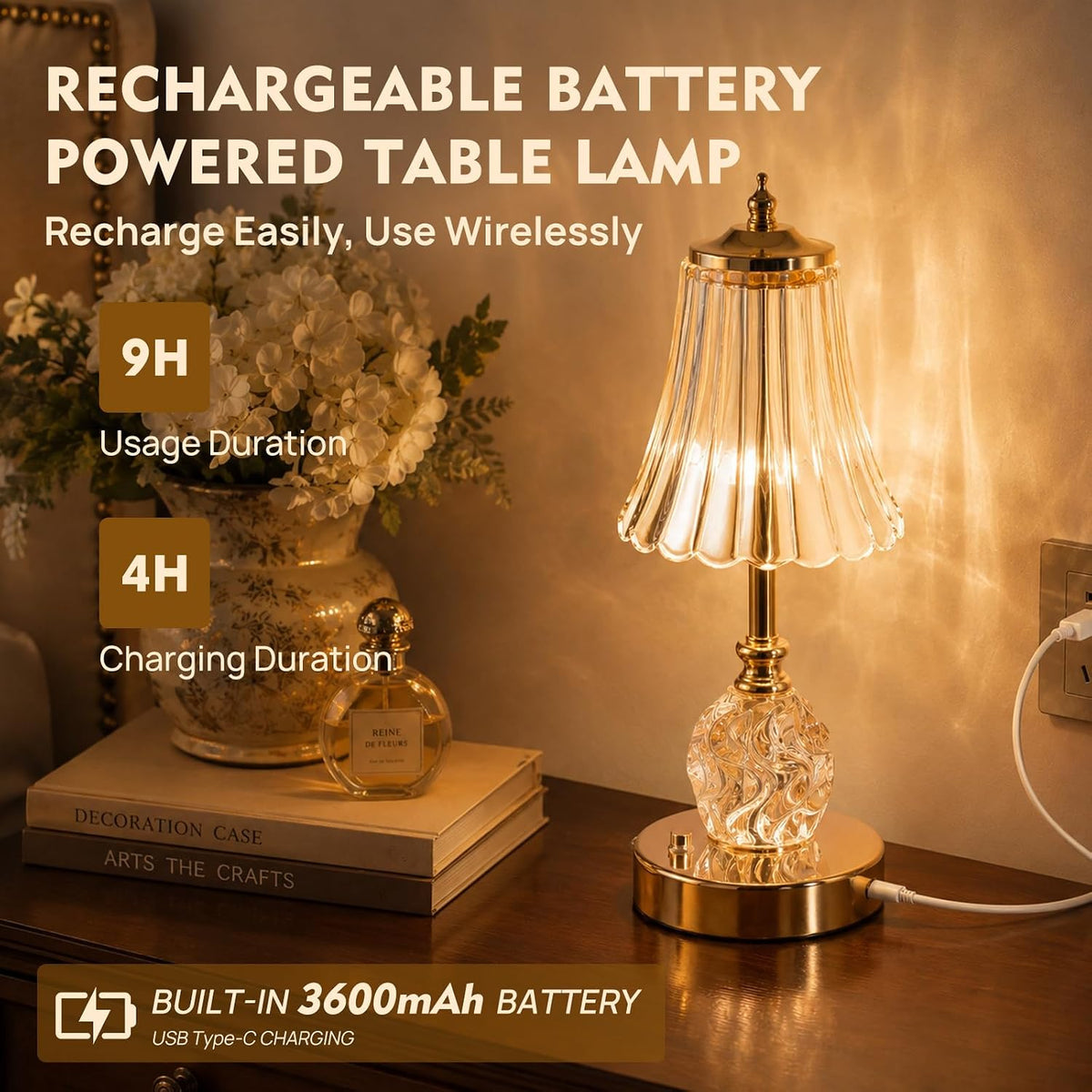 Flower Battery Operated Rechargeable Lamp Cordless, Skirt, Amber