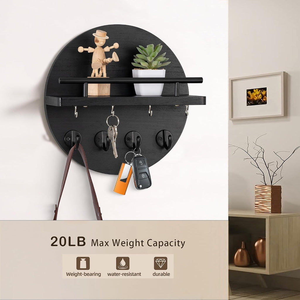 10.2" Key Holder Wall Mount with Shelf & Mail Organizer, 8 Hooks Black