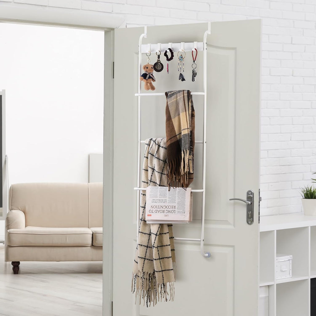 Over The Door Towel Rack 5 Tier Over The Door Towel Bar for Bathroom Towel Holder Over Door Hanger with Hooks Large Metal Towel Blanket for Bedroom Dorm Door (White)