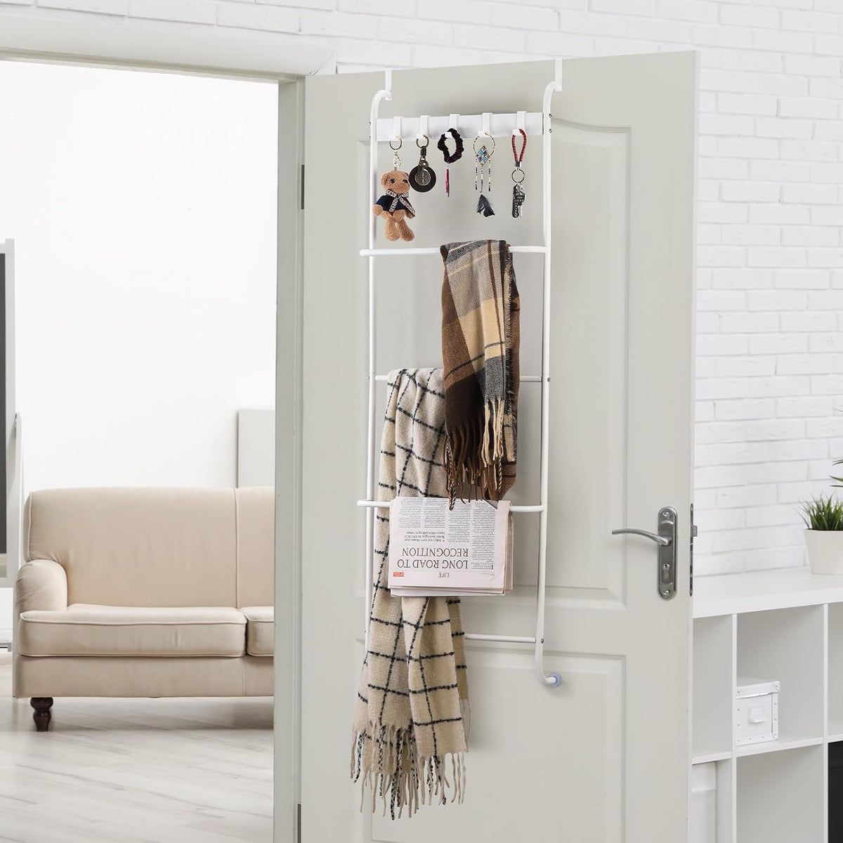 Over The Door Towel Rack 5 Tier Over The Door Towel Bar for Bathroom Towel Holder Over Door Hanger with Hooks Large Metal Towel Blanket for Bedroom Dorm Door (White)