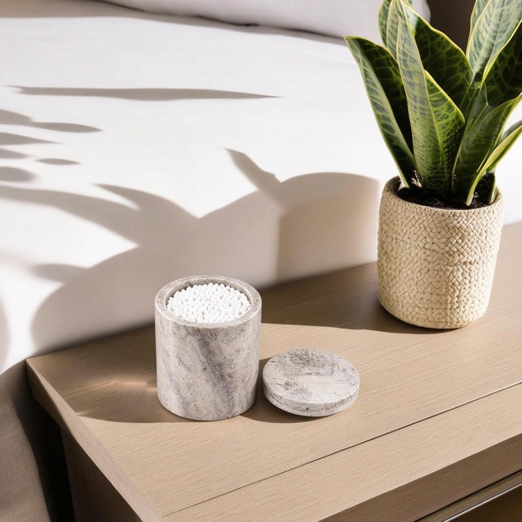 Natural Marble Canister, Cotton Swab Holder with Lid