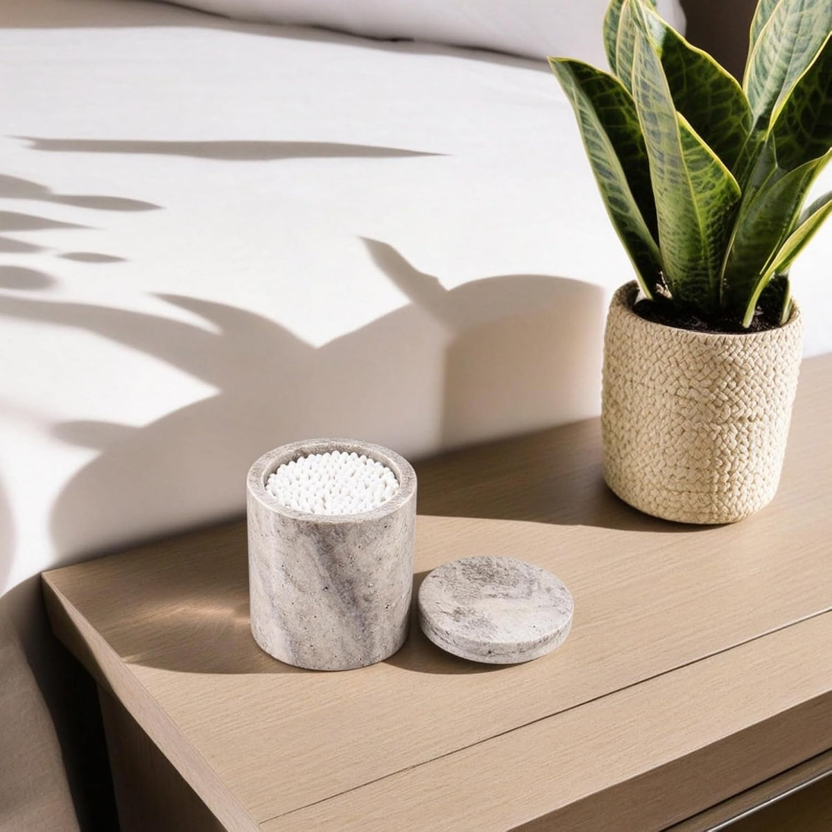 Natural Marble Canister, Cotton Swab Holder with Lid
