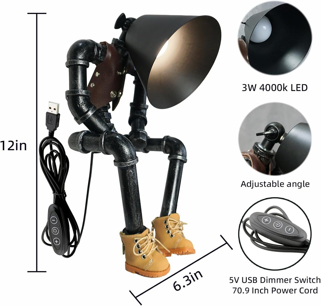 Steampunk Cowboy Robot Table Lamp, Boots & Vest Jacket Design with Metal Pipe Industrial Robot Lights, Adjustable Brightness Cool Desk Lamp,Unique Retro Decor & Creative Art Gifts for Men