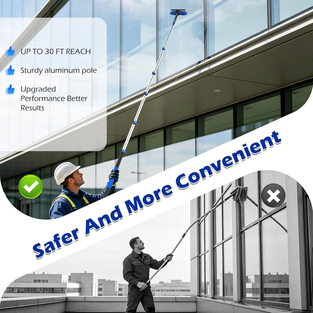 30FT Reach Window Squeegee Kit with Extension Pole, 2-in-1 Window Squeegee